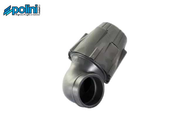 Filtro aria Polini nero per scooter, design compatto e curvo per impianti di alimentazione completi.