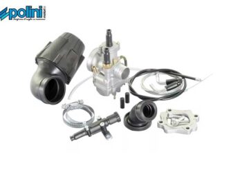 Kit carburatore completo Polini per scooter, con collettore, filtro aria, cavo gas e accessori di montaggio.