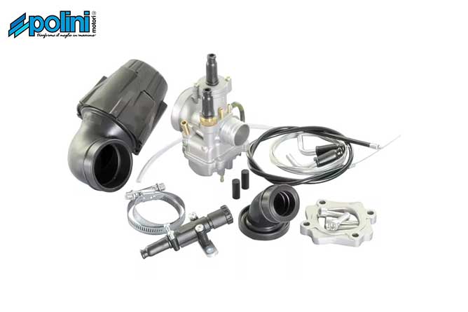 Kit carburatore completo Polini per scooter, con collettore, filtro aria, cavo gas e accessori di montaggio.